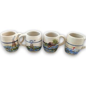 Vintage Marshall Pottery Mug Set of 4 Signed Hand Painted Duck Flower Windmill